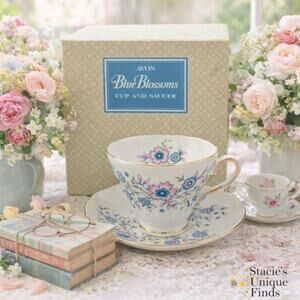 Avon Blue Blossoms Cup and Saucer NIB NOS vintage fine bone china 1974 England